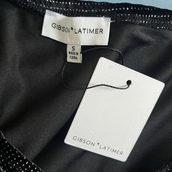 NWT Gibson Latimer Black Velvet Silver One Shoulder Asymmetric Ruched Midi Dress - Picture 5 of 6